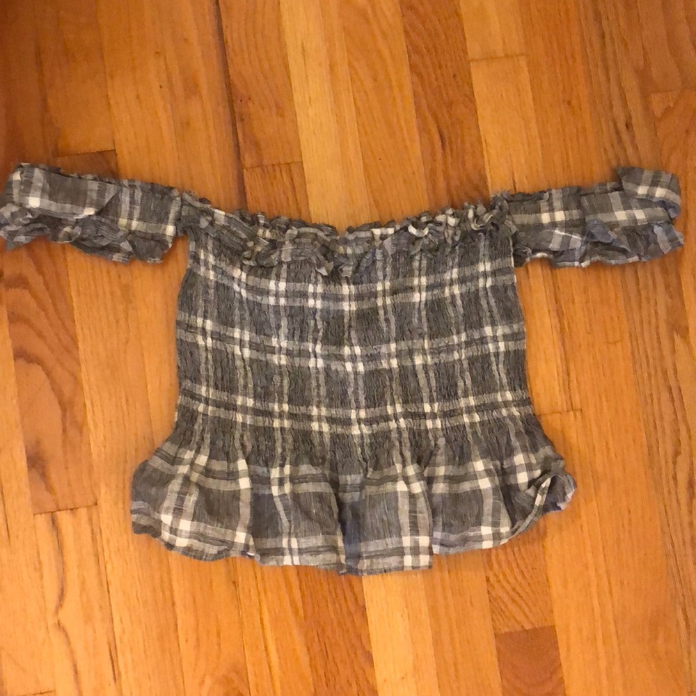Plaid off the shoulder top